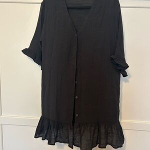 Black Ruffle Hem Button-Up Blouse/Beach Cover Up